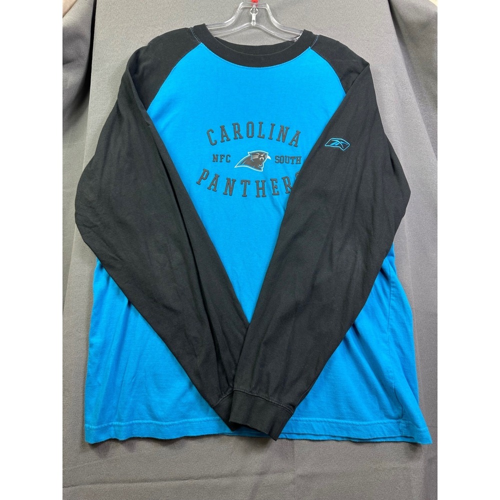 Reebok Carolina Panthers NFL Long Sleeve Shirt Blue Black Men's Large Raglan Tee
